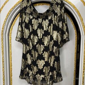 Boston Proper Black and Gold Lame Metallic Thread Mini Dress Size M